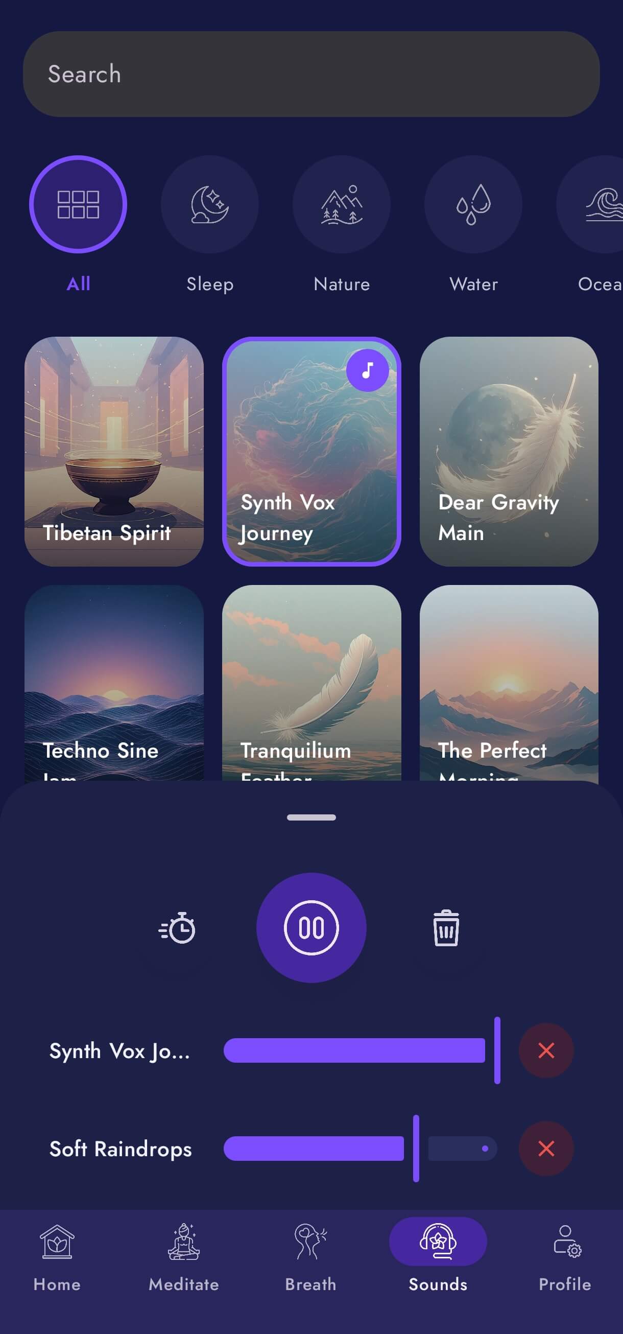 RelaxSpace natural sounds library with rain, ocean and forest options